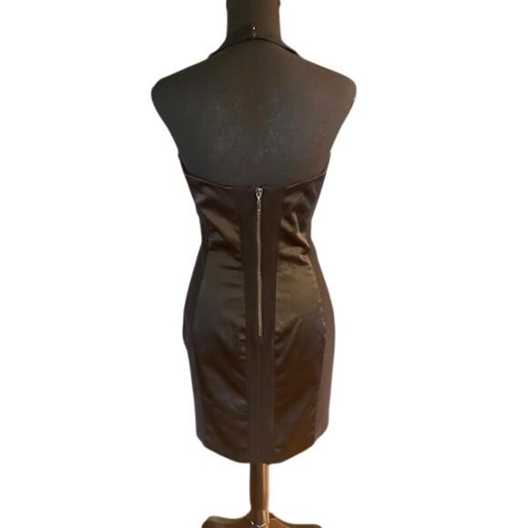 Bebe Black Satin Panel Bodycon Mini Dress with Embellished Halter Neck – Size M - Picture 3 of 7
